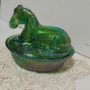 Emerald Carnival Glass Horse Dish In The Style Of Hen On Nest